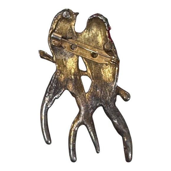 Vintage Enamel Parrot Brooch Rhinestones Parakeet Lovebirds Duette Pin Orange - Picture 3 of 5